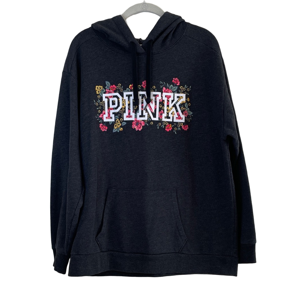 PINK Victoria's Secret Black Floral Hoodie large